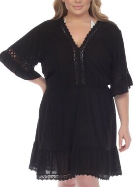 Raviya Women's Plus Size Lace-Inset Mini Cover-up Dress Black Size 1X  10529